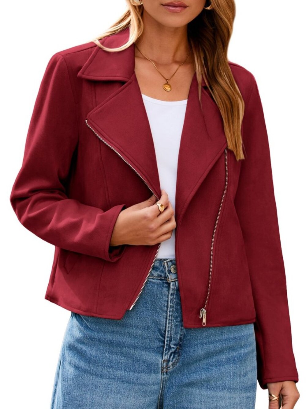 Womens Faux Suede Jackets Long Sleeve Casual Cropped Zipper Biker Moto Jacket